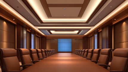 Fototapeta premium Modern conference room with wooden decor, large table, and ambient lighting, ready for meetings