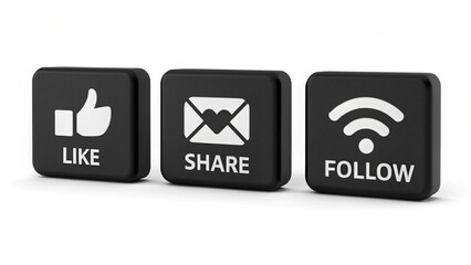Three black buttons with white icons representing like share and follow on a white background vreated with genrated ai