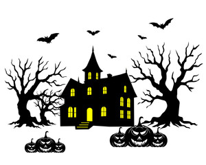 Spooky Halloween Haunted House Silhouette with Bats and Pumpkins Vector Illustration Isolated