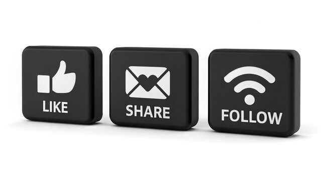 Three black buttons with white icons representing like share and follow on a white background vreated with genrated ai