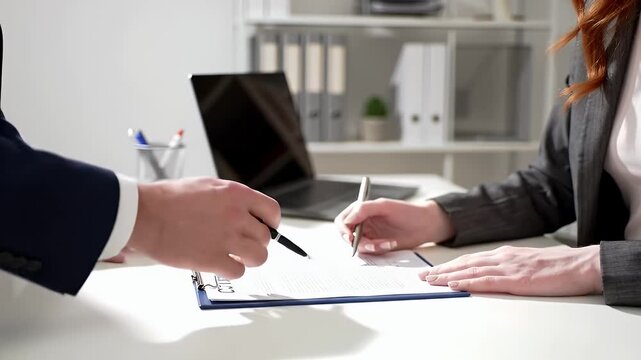 Contract Signing Process Close Up Two Professional Executives Finalizing Agreement in Sunlit Office with Collaborative Atmosphere for Legal Business Partnership and Corporate Themes Over 170