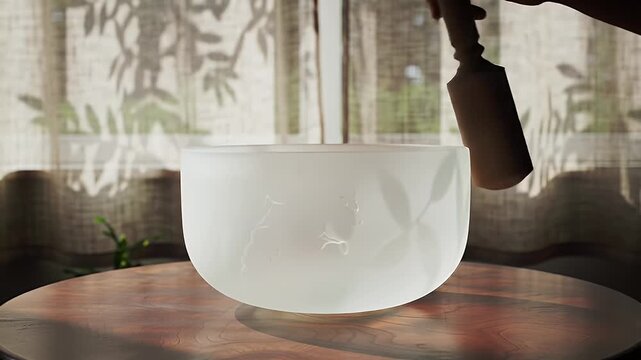 Crystal Singing Bowl Played with Wooden Mallet Creating Calming Sounds on Wooden Table Near Window with Natural Light in a Serene Setting Featuring Frosted Bowl with Leaf and Hummingbird Design