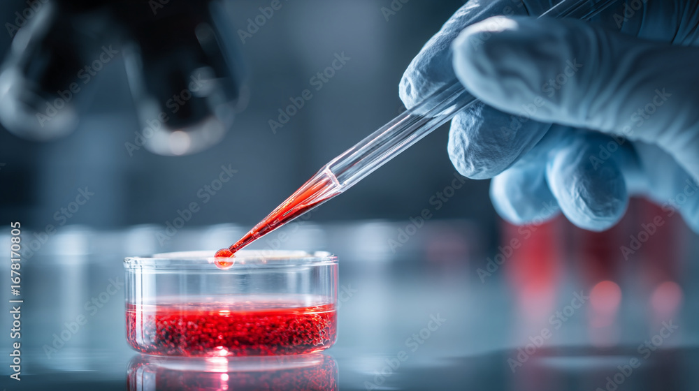 Poster a gloved hand using a pipette to add a red liquid to a petri dish in a laboratory setting close up