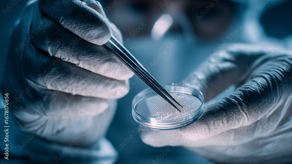Aufkleber gloved hands holding a petri dish with a grid pattern and using tweezers in a laboratory setting