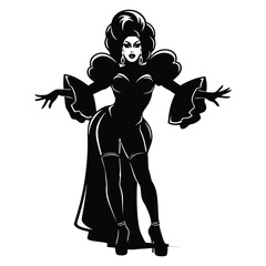 Fototapeta premium Stylish Drag Queen Silhouette Vector Dancing in Heels, Flowing Gown and Glamorous Hair Style, Dramatic Pose with Afro Wig on White Background