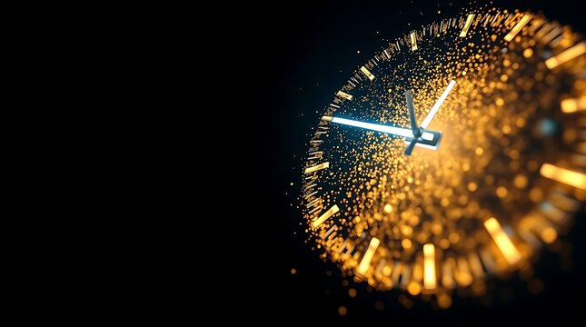 Glowing Golden Clock Exploding into Light Particles on Black Background