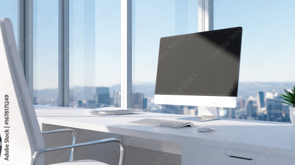 Poster modern office workspace with a sleek computer setup, showcasing a city skyline through large windows
