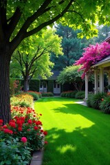 Obraz premium Serene backyard oasis featuring lush green lawn, vibrant flowerbeds, and mature trees providing ample shade Perfect for relaxation and outdoor enjoyment , plants, botany