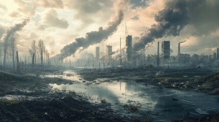 Obraz premium A Desolate Post-Apocalyptic Cityscape With a Mud-Filled River