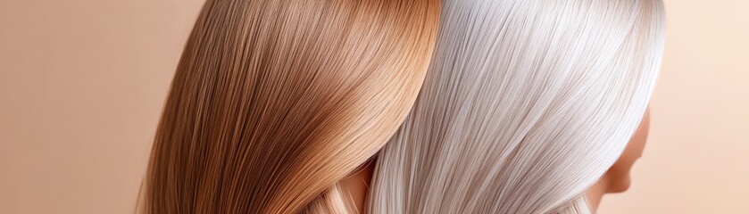 Fototapeta premium Ombre hair extensions, transitioning from ash brown to icy blonde, displayed against a glowing gradient