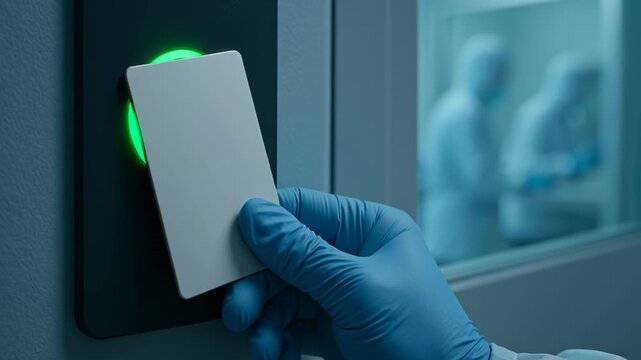Vaccine quality control Gloved Hand Holding Blank Access Card Near Green Card Reader, Showcasing Security Technology in Professional Environment