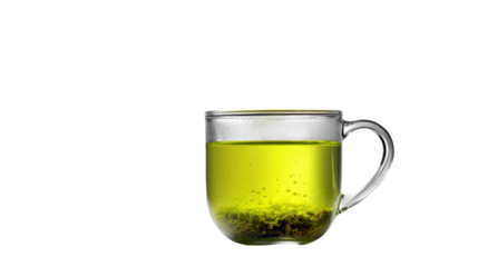 A clear glass cup filled with vibrant green tea, showcasing its inviting color and texture.