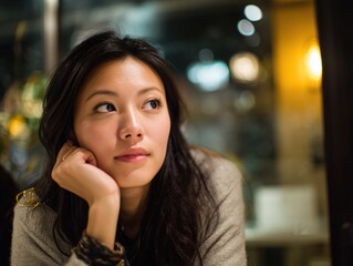 Obraz premium Thoughtful Japanese Woman Sitting Indoors Looking Away
