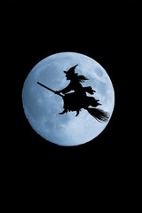 silhouette witch flying on broom full moon fantasy