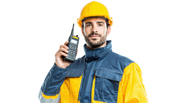 A male worker in safety gear holding a radio communication device, ready for action.