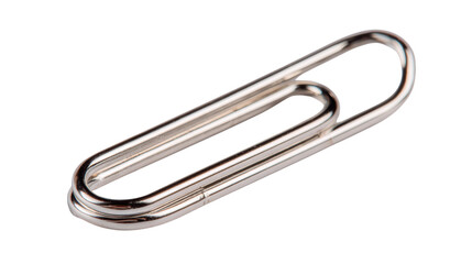 A single metallic paperclip on a white isolated background, perfect for office supplies and organization.