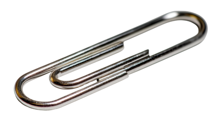 A shiny metallic paperclip on a white isolated background.