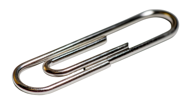 A shiny metallic paperclip on a white isolated background.