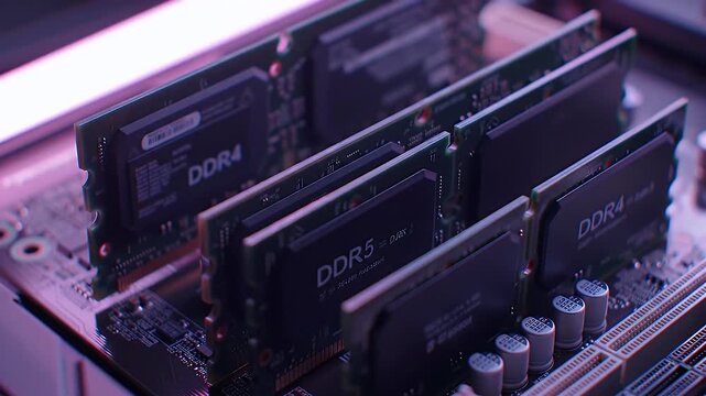 Closeup of Multiple RAM Modules in Pink and Purple Lighting