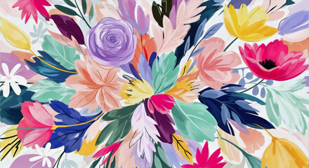 A vibrant floral arrangement featuring a colorful mix of flowers and leaves in a painterly style design art