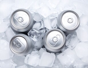 Group of aluminium cans in ice, cold drink. Top view.