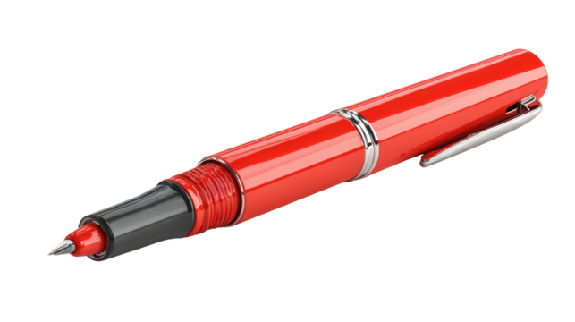 A vibrant red fountain pen with a sleek design on a white isolate background.