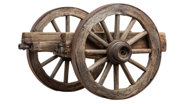 Antique wooden cart wheels isolated on a white background, showcasing traditional craftsmanship and rustic charm.