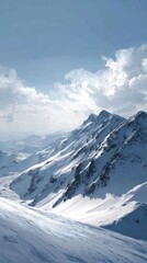 Snow-capped mountains, bright sunlight, winter landscape