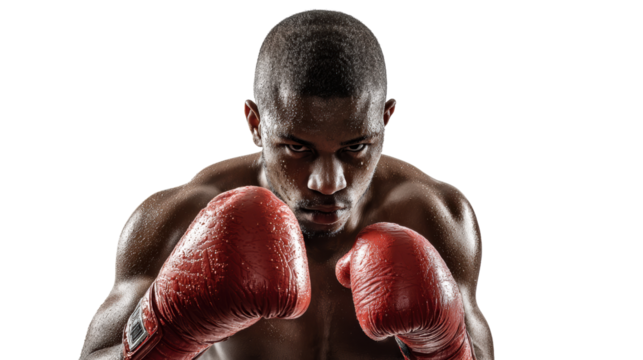 Athletic boxer training with red gloves, intense focus, against a black background. - Powered by Adobe