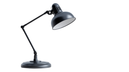Black desk lamp with adjustable arm, perfect for workspace lighting, isolated on white background.