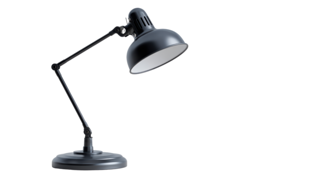 Black desk lamp with adjustable arm, perfect for workspace lighting, isolated on white background.
