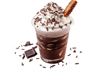 Delicious chocolate milkshake with whipped cream, sprinkles, and wafer stick png image, perfect for summer treats and dessert designs isolated on transparent background