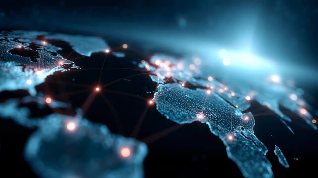 Global business network map with interconnected data points and trade routes