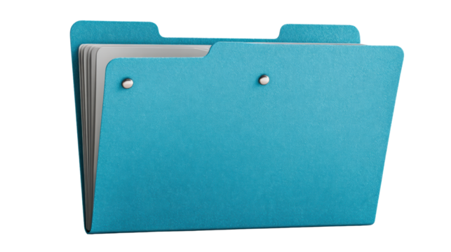 Blue folder with documents on white isolated background.