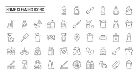 Assorted cleaning supplies arranged neatly on white surface showcasing various tools and solutions for household hygiene and sanitation.