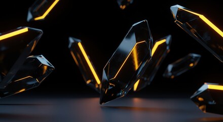 A group of dark crystals with glowing yellow lines floating in a dark space with a reflective surface