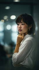 Thoughtful Japanese Woman Standing Indoors with Hand on Chin