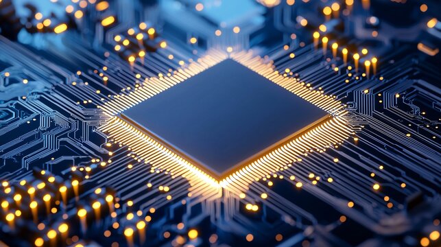 Quantum computing chip magnified with futuristic holographic interface, representing advanced technology innovation.