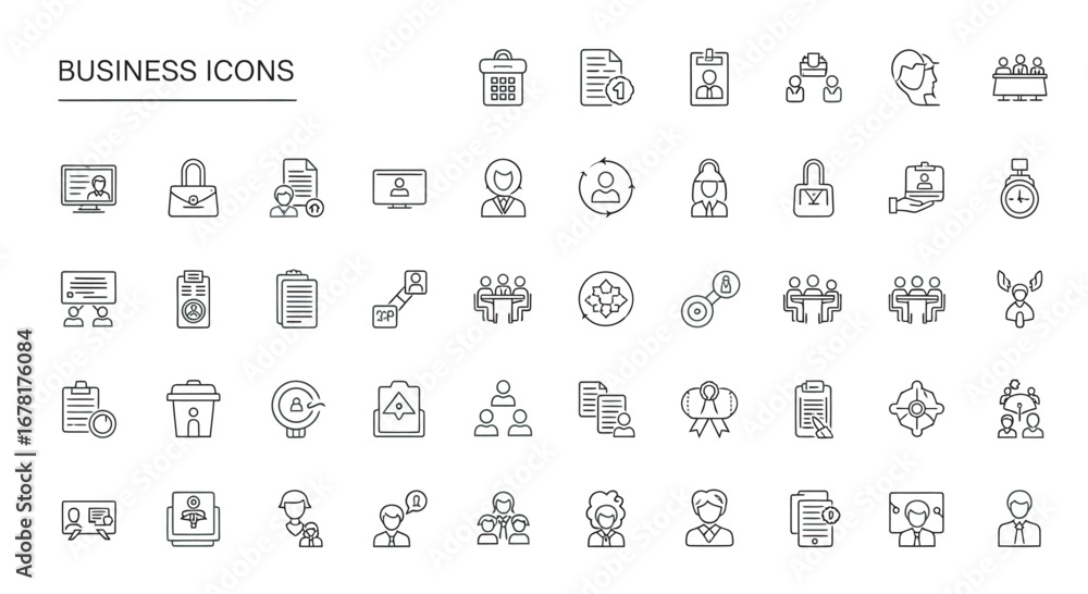 Poster line art business symbols representing various office tasks and management processes on a clean whit