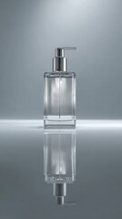 Elegant Glass Soap Dispenser with Pump Reflection on Smooth Background