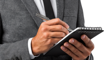 Business professional taking notes in a notebook, focused on work, isolated on white.