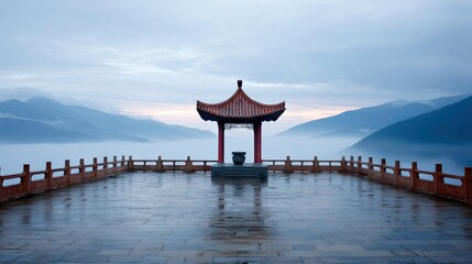 Tranquil Asian gazebo atop a misty mountain vista.