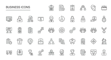 Line art business symbols representing various office tasks and management processes on a clean white backdrop, conveying professionalism.