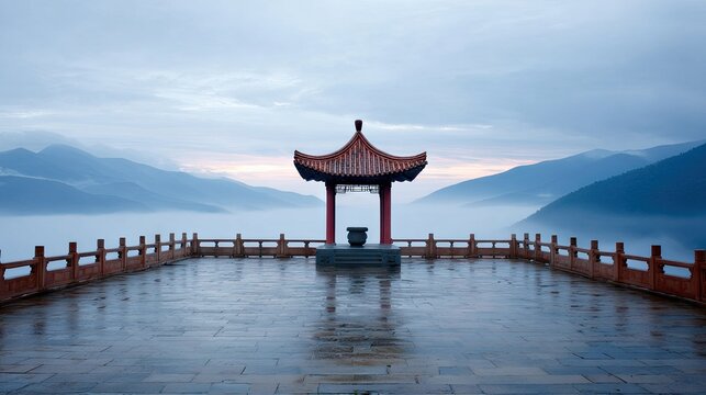 Tranquil Asian gazebo atop a misty mountain vista.