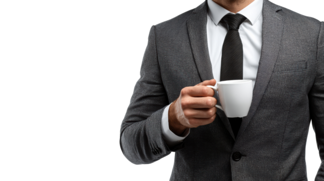Businessman in a suit holding a coffee cup, white isolate background. - Powered by Adobe