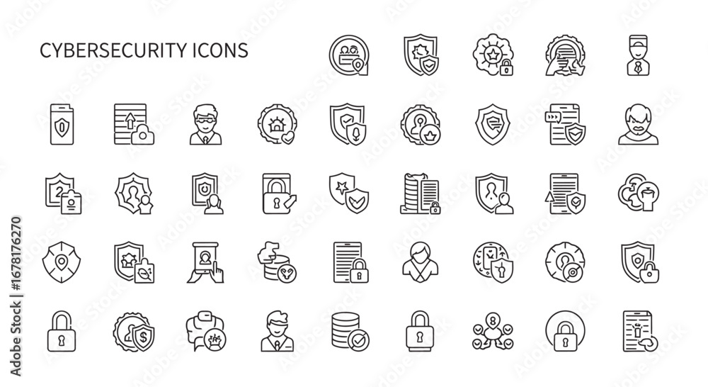 Aufkleber cybersecurity line art elements depicting data protection and network security concepts for digital 