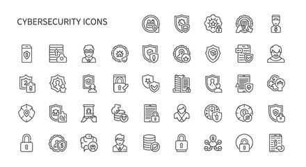 Cybersecurity line art elements depicting data protection and network security concepts for digital safety on white backdrop.