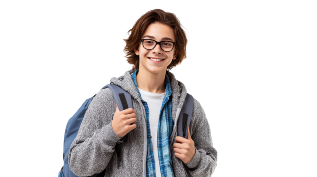 Cheerful young student with backpack, smiling confidently against white isolated background.