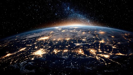 Obraz premium Earth at night, illuminated by city lights, seen from space with a sunrise