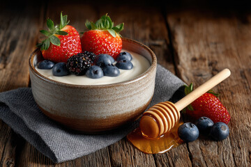 Creamy yogurt bowl with fresh berries and honey on wooden table